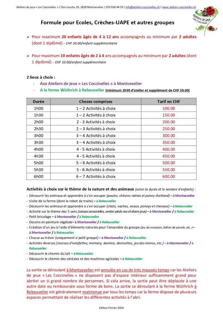 Formules pour écoles et crèches/UAPE